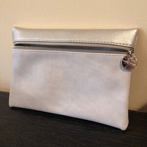New! bareMinerals Gray Slim Cosmetic Travel Bag, Organizer Bag, Silver Hardware